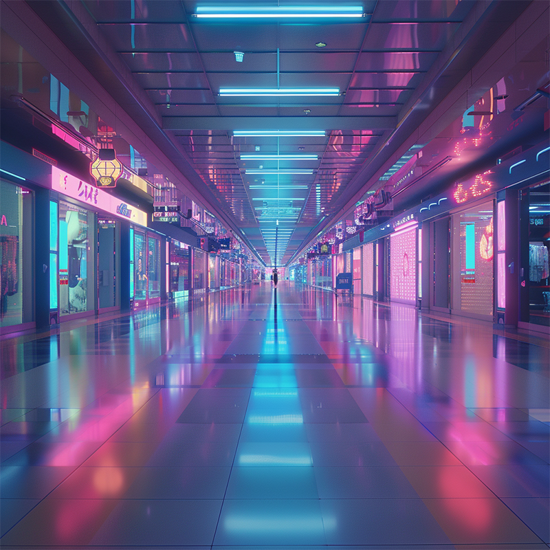 An empty shopping mall with lots of choices, neon lights light up the open spaces in colours mostly in purple, blue and pink