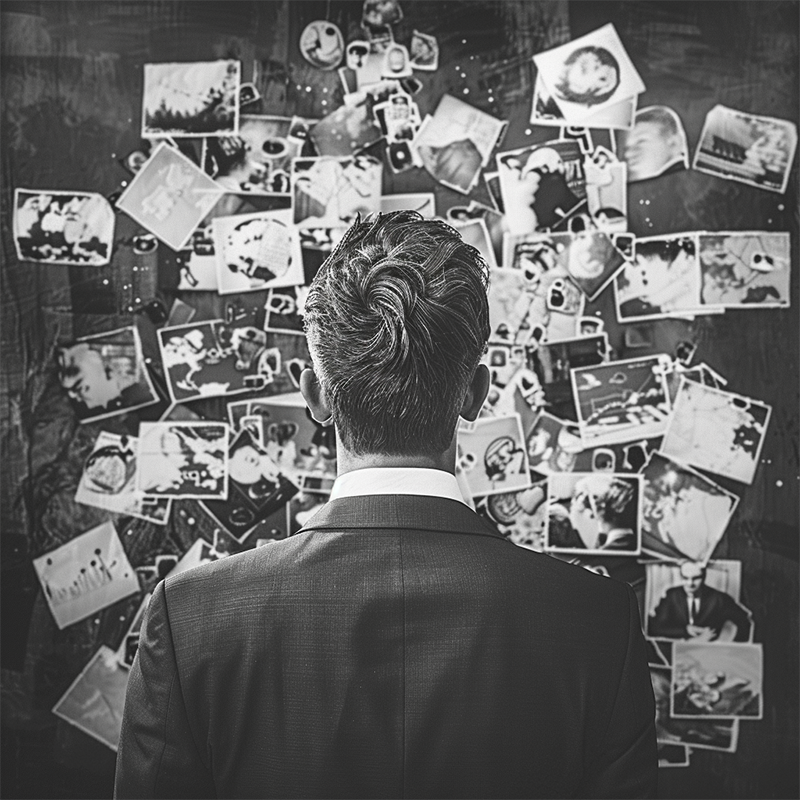 A man stares at a wall of photos and notes on what he could do with his brand but there is no direction shown just potentials