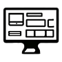 Content Development icon, a pc screen with content blocks around it in development.