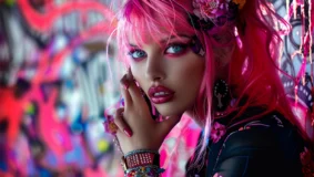 Content development for fashion. A girl with pink hair and pink lipstick sits looking at the camera with a flowery black top[ on and flowers in her hair above her ear.