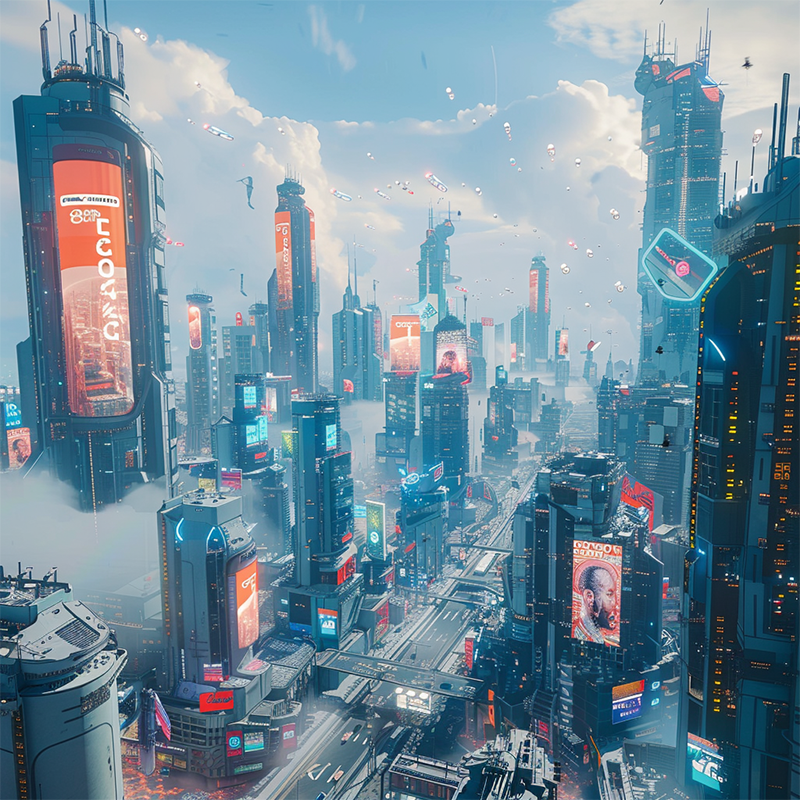 A futuristic City Landscape with large and small brand advertisements