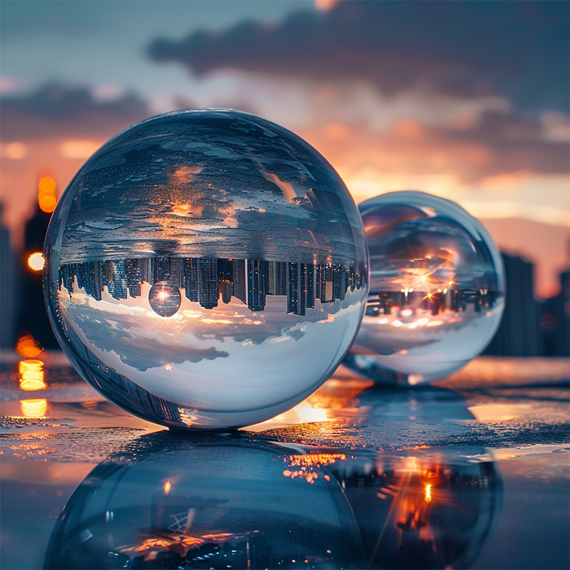 GDPR Transparency Representative image. Two glass balls sit in front of a city landscape with the rising sun.