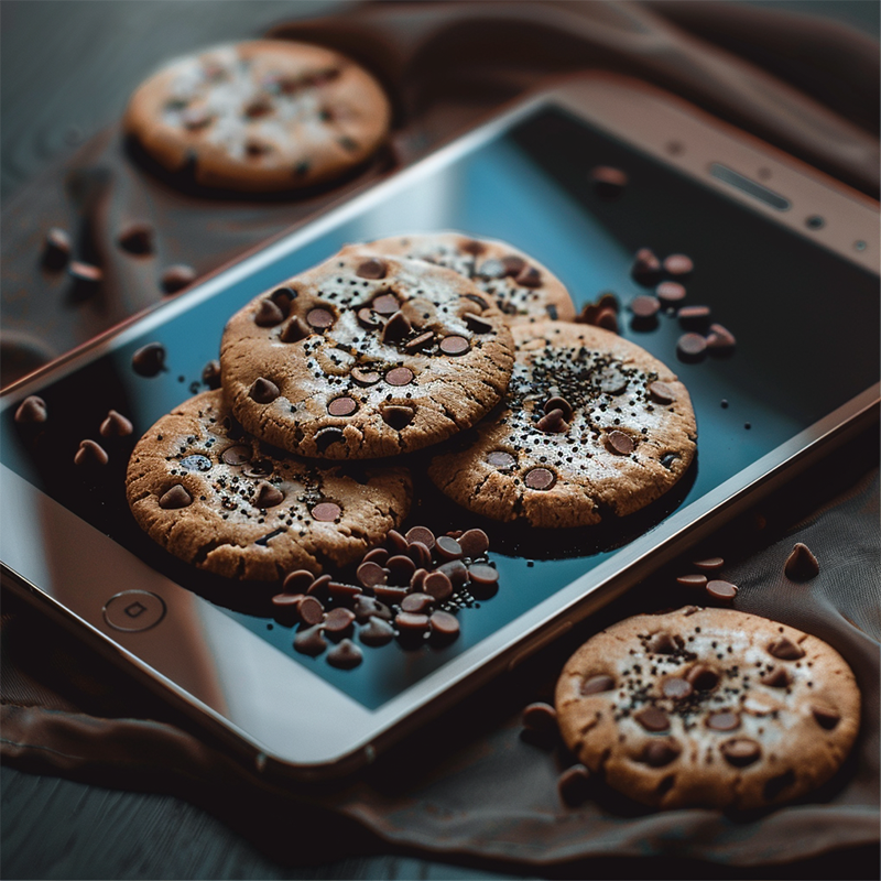 GDPR and Cookies Representative Image. Three cookies sitting on top of a tablet with two cookies besides it, one to the left and one to the right.