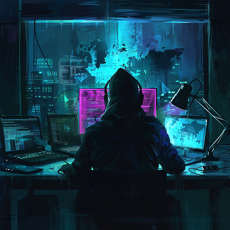 An artistic depiction of a hacker sitting in front of multiple screens and a map causing untold mischief.