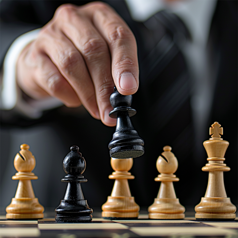 The Benefits of GDPR for Businesses Representative Image. A man in a business suit is playing chess moving a black piece forwards on the board ahead of his rival.