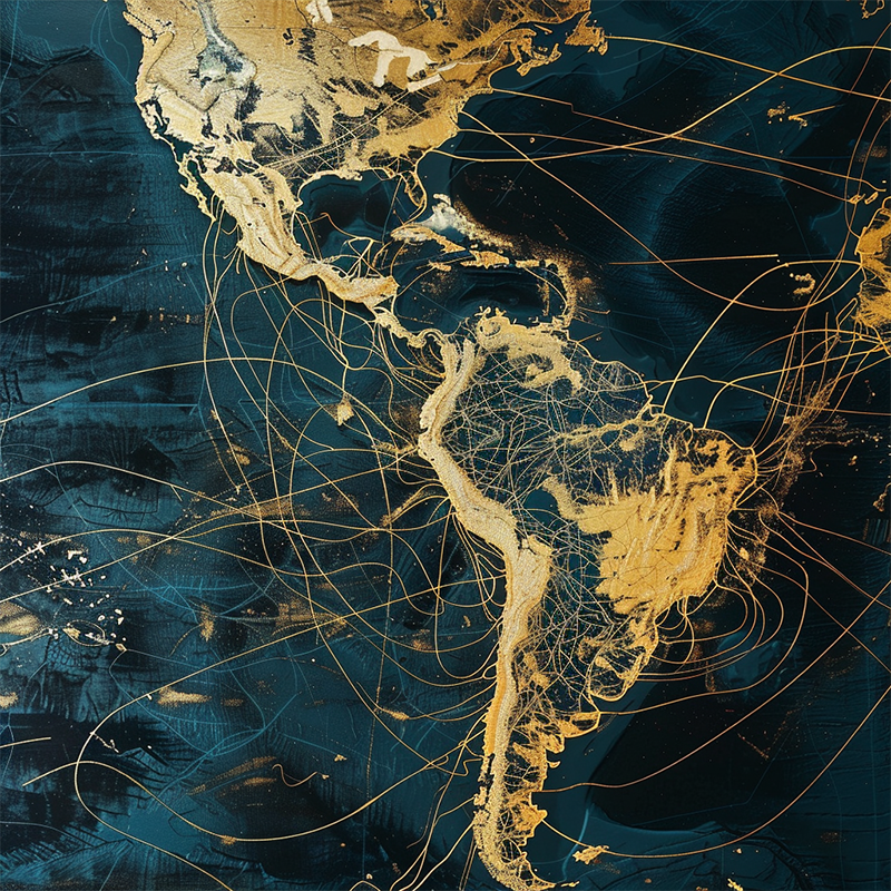 The Impact of GDPR Beyond Europe Representative Image. An artistic take on North and South America in gold and blue.