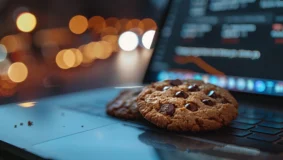 Website Cookies. The image shows two cookies resting on a laptop.