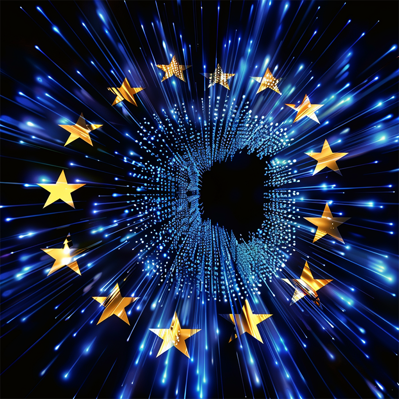 ePrivacy Directive Representative Image. A digitised EU flag, stars in gold surrounding a digital blue tunnel.