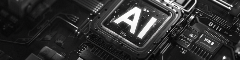 AI header banner with the word AI in white on a black and white chip on a circuit board design.