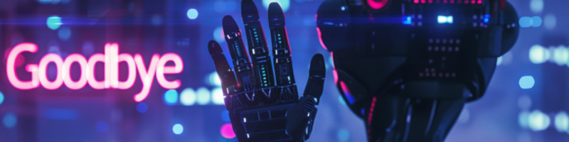 Goodbye Tech header banner with the word Goodbye in bright pink and white light as an AI humanoid waves goodbye to it on a background of purple and blue